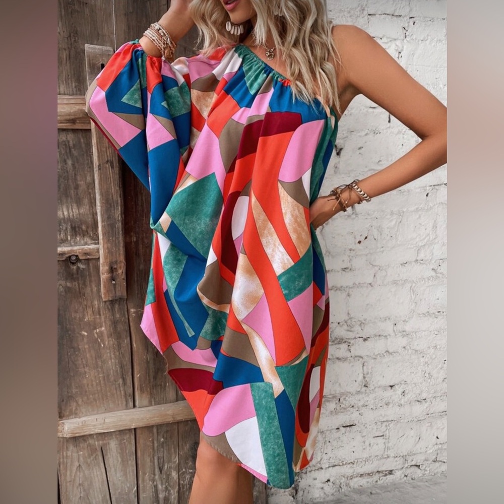 Multicolor Geo Print One Shoulder Lantern Sleeve Asymmetrical Hem Dress